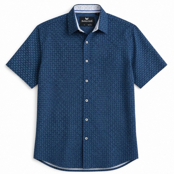 Buttercloth Other - Buttercloth Icy Cotton Men's Short Sleeve Tall L LT Blue Geometric Button-Up